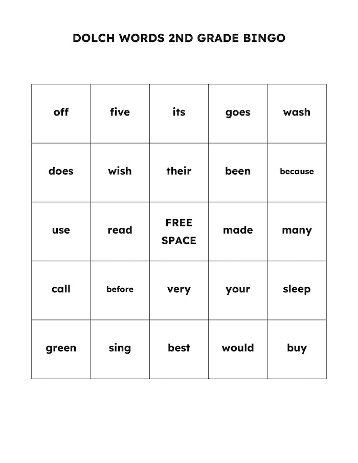 Dolch Words for Second Grade BIngo Cards. Dolch word bingo