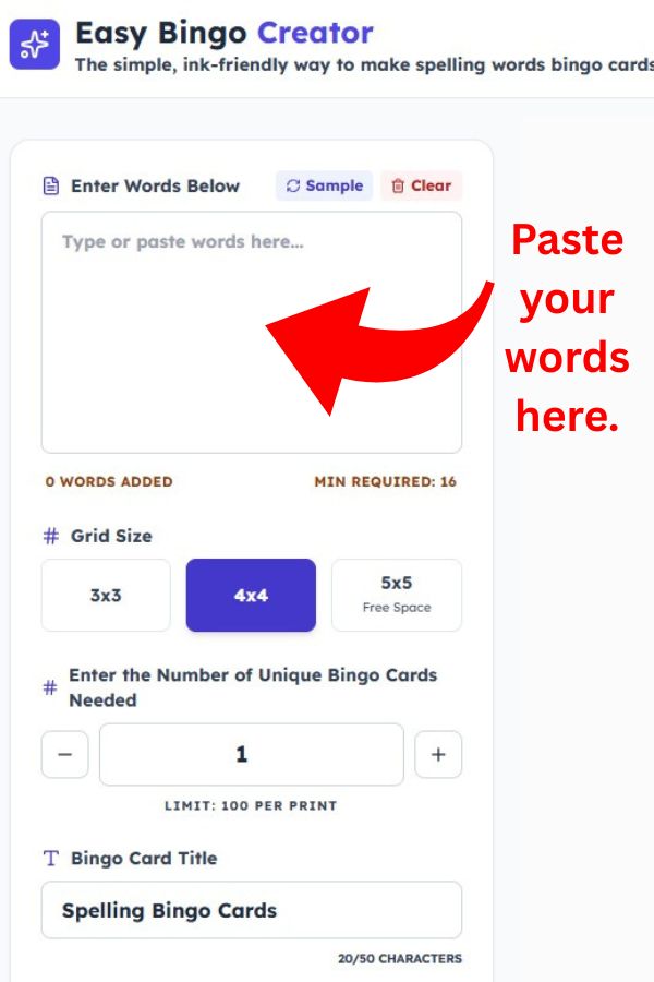 Instructions on how to use our spelling bingo card generator 
