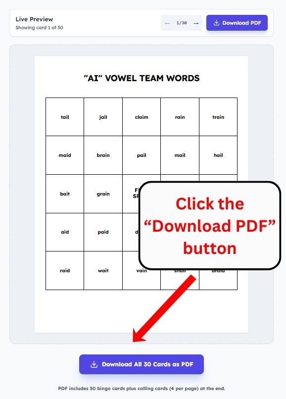 EasyBingoCreator instructions - download the PDF button