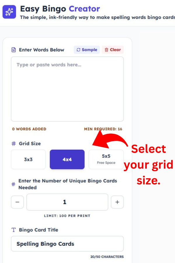 Instructions on how to use our spelling bingo card maker at EasyBingoCreator.com