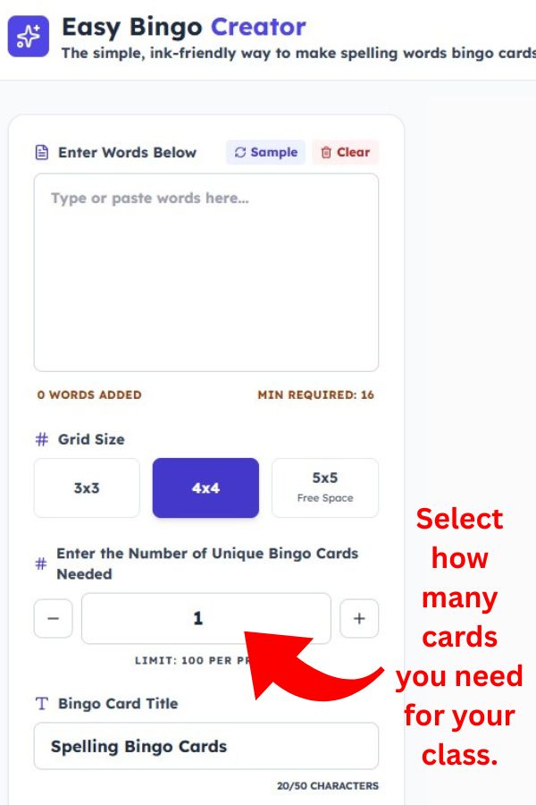EasyBingoCreator allows you to select the number of unique bingo cards you need for your class or family
