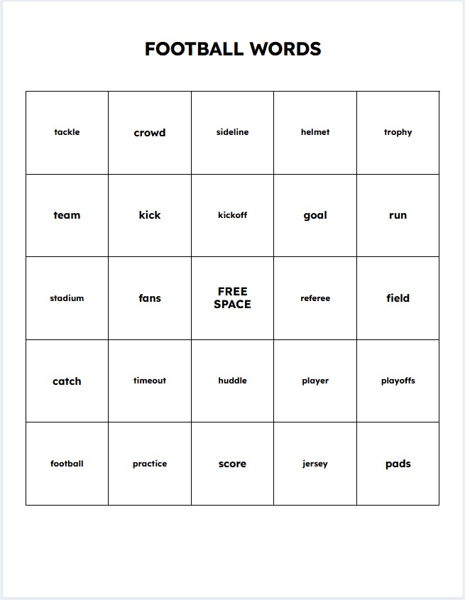 Example of Football bingo card produced by our free Word Bingo Generator