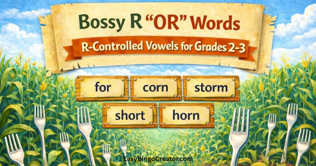 Bossy R Words - "OR" Words list - use the word lists to create your own spelling bingo cards