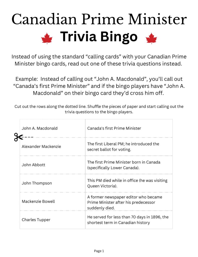 Canadian Prime Minister Trivia Bingo Calling Cards - turn a regular bingo game into a fun trivia game.