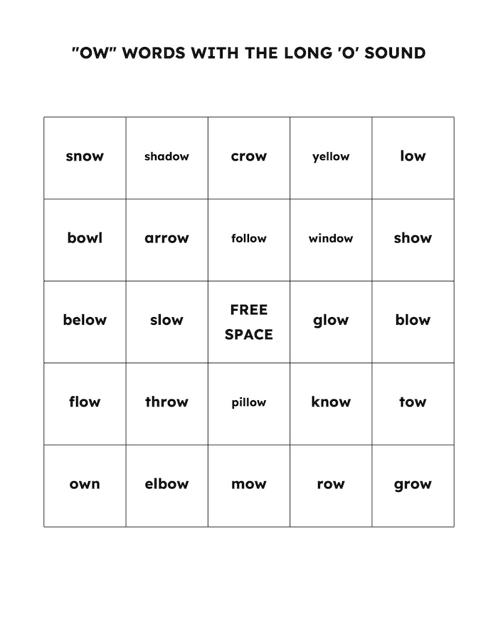 A Phonics bingo Card of long 'o' sound "ow" words made using EasyBingoCreator.com 
