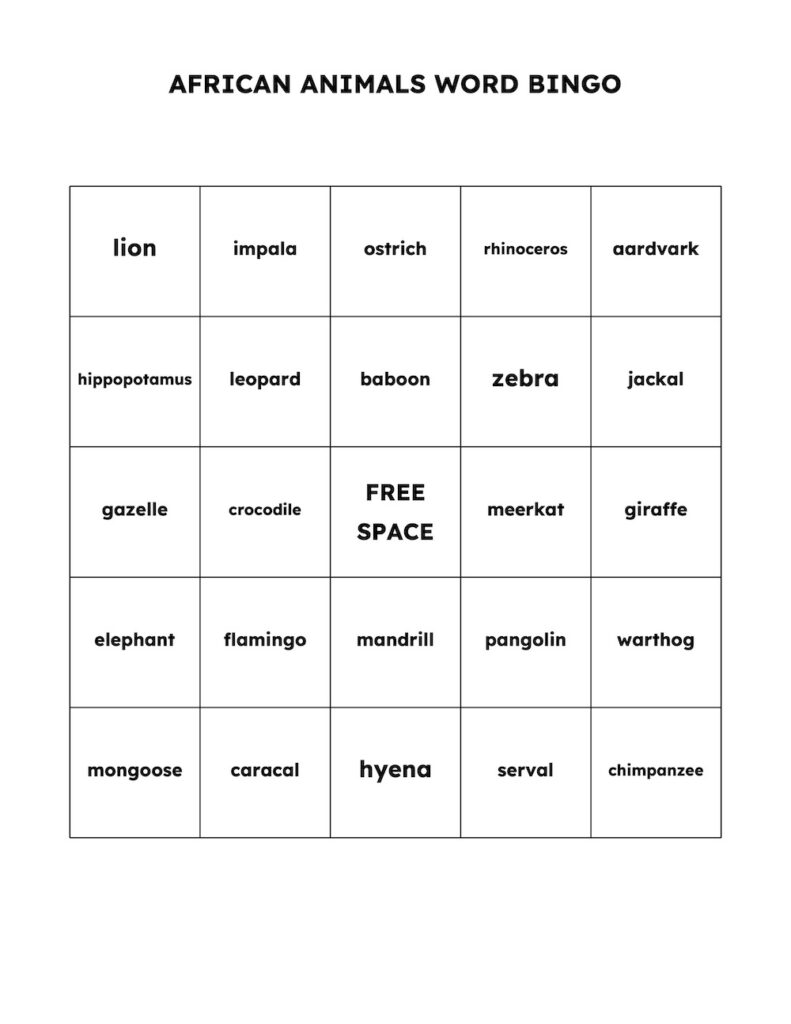 Sample of a word bingo card created using the African Animals word list