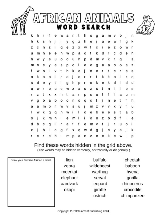 African Animals word search from Puzzletainment Publishing