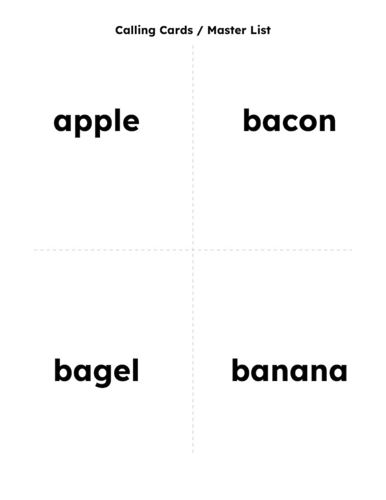 Breakfast Foods Bingo calling cards
