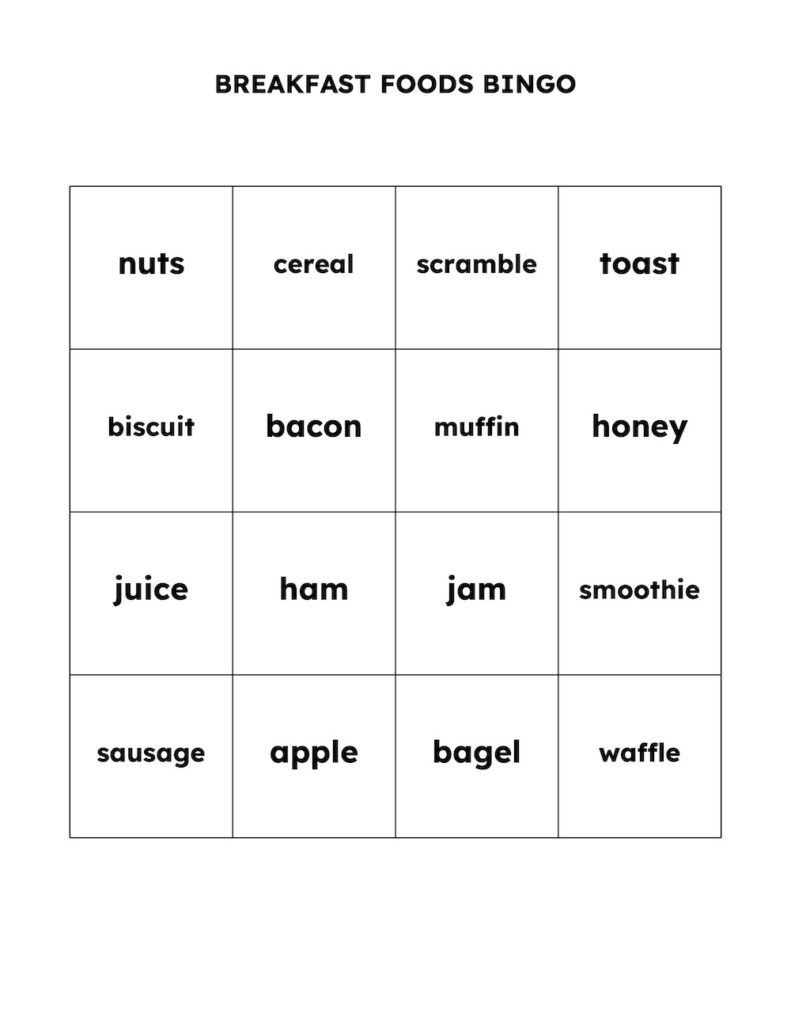 List of Breakfast Foods Bingo Cards