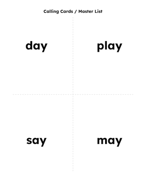 Calling Cards screenshot sample of what the Calling Cards look like when you create word bingo cards using EasyBingoCreator.com