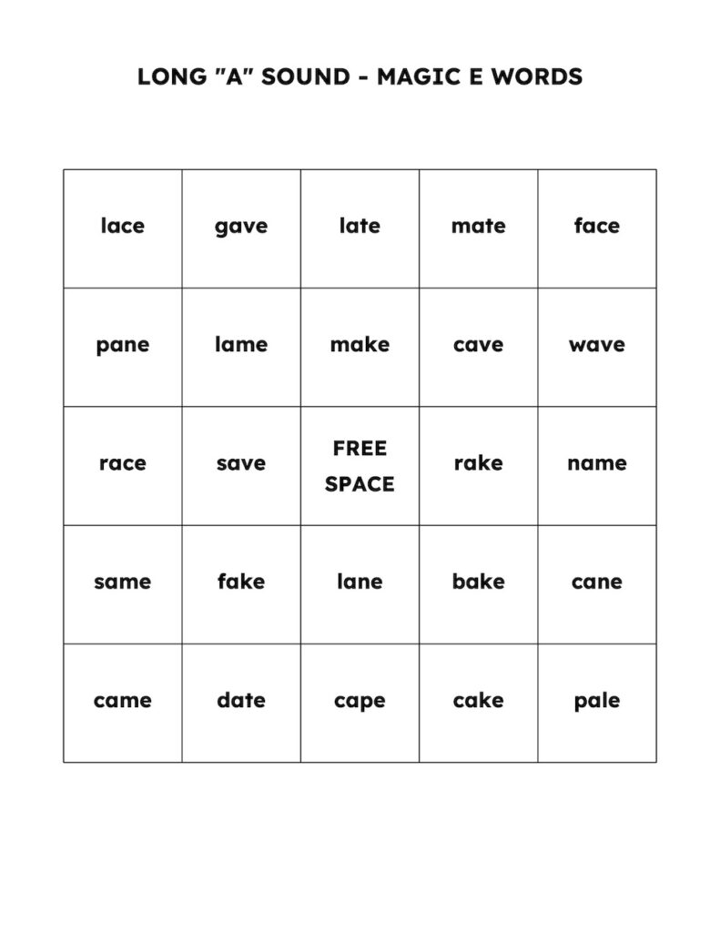 Long "A" Sound - Magic E Word Bingo Cards for Grade 1 and 2