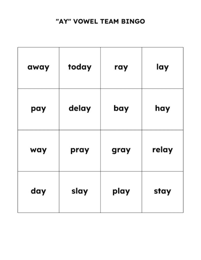 Sample word bingo card in a 4x4 grid featuring "AY" vowel team words (Long "a" sound words)