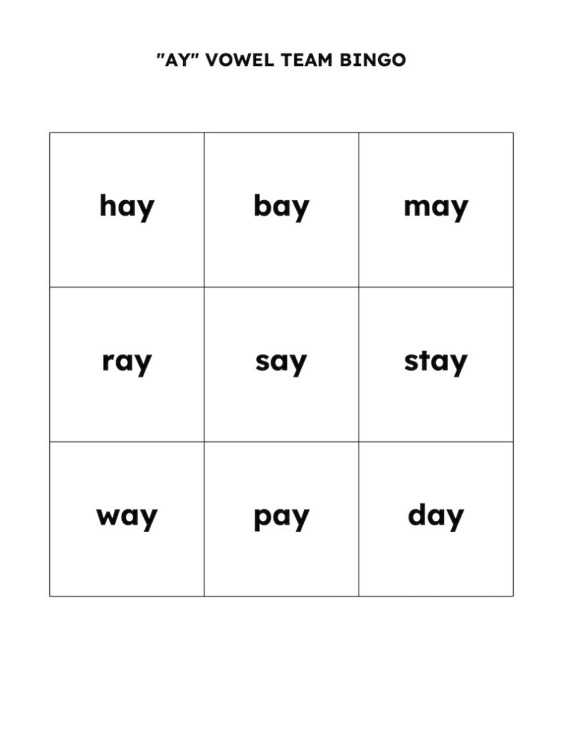 Sample 3x3 Word Bingo Card made using EasyBingoCreator featuring "AY" vowel team words