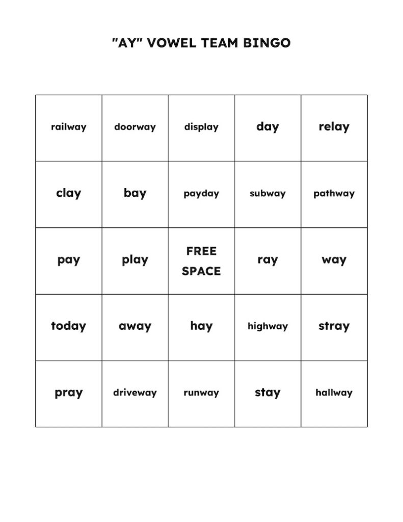 5x5 sample grid for word bingo game made using EasyBingoCreator.com and featuring "AY" vowel team words